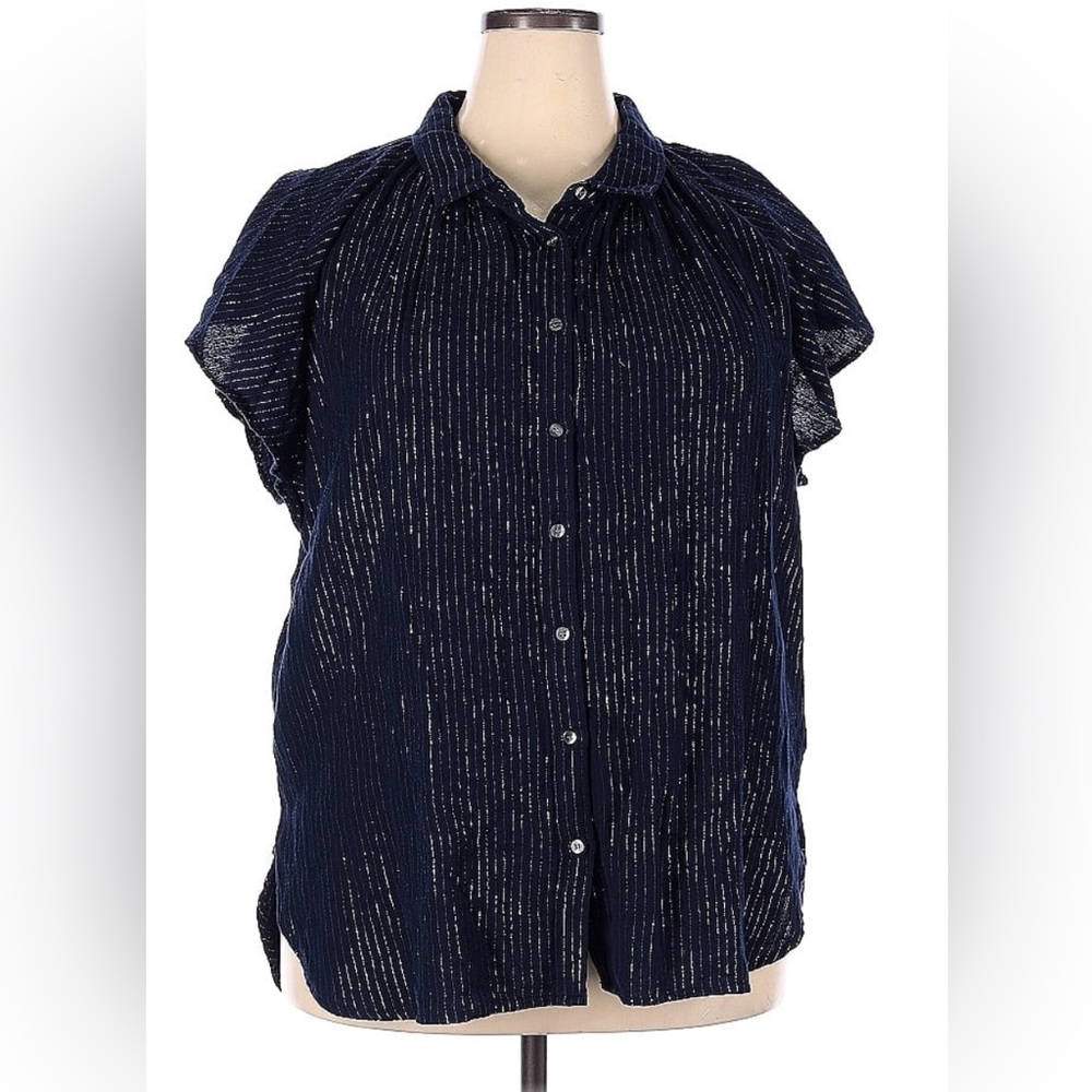 Navy Blue Gold Metallic Pinstripe Flutter Sleeve Button Up Blouse Plus Size